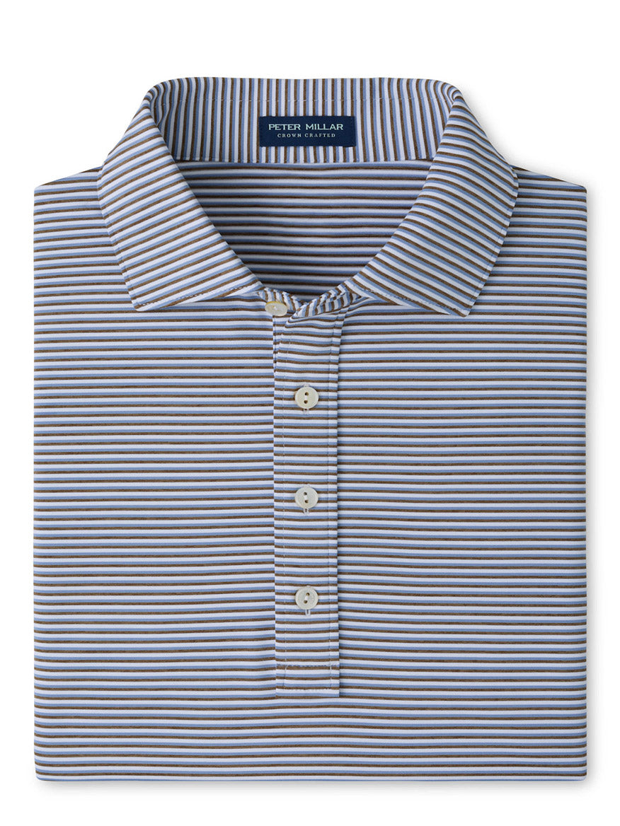 The Peter Millar Rondo Performance Jersey Polo - Kelly Hard Collar in White/Light Mocha is a short-sleeve, collared shirt with four-way stretch, blue, white, and brown stripes, UPF 50+ sun protection, and three buttons.