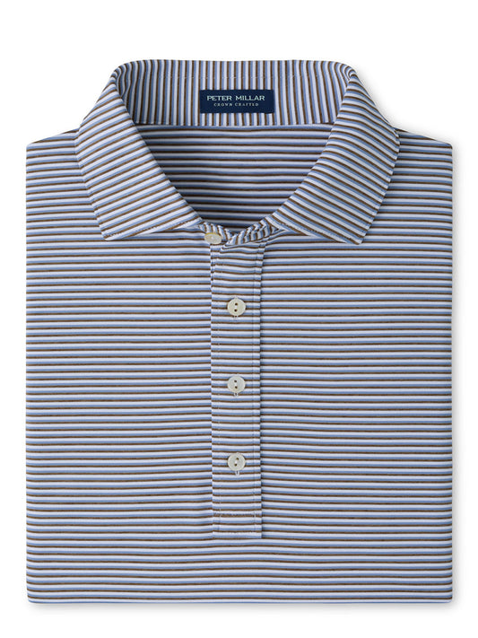 The Peter Millar Rondo Performance Jersey Polo - Kelly Hard Collar in White/Light Mocha is a short-sleeve, collared shirt with four-way stretch, blue, white, and brown stripes, UPF 50+ sun protection, and three buttons.