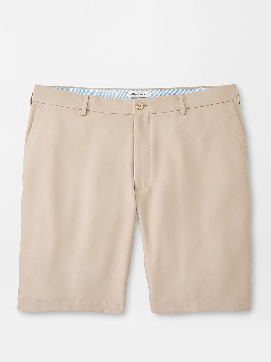 Peter Millar Salem Performance Short in Khaki with a blue inner waistband on a white background.