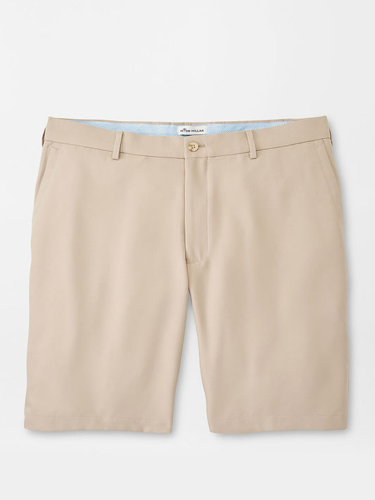 Peter Millar Salem Performance Short in Khaki with a blue inner waistband on a white background.