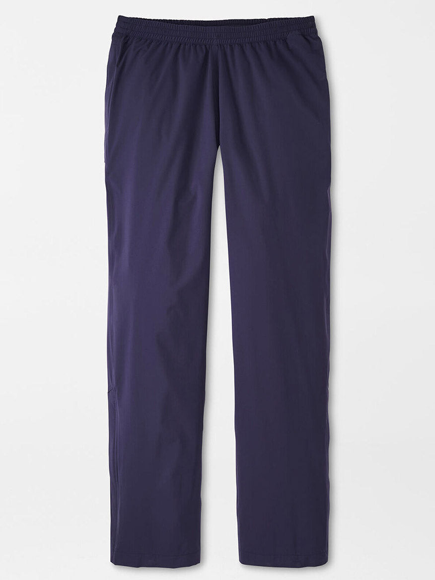 Straight-on view of the Peter Millar Shield Pull-On Rain Pant, navy blue performance fabric with an elastic waistband, displayed on a plain white background.