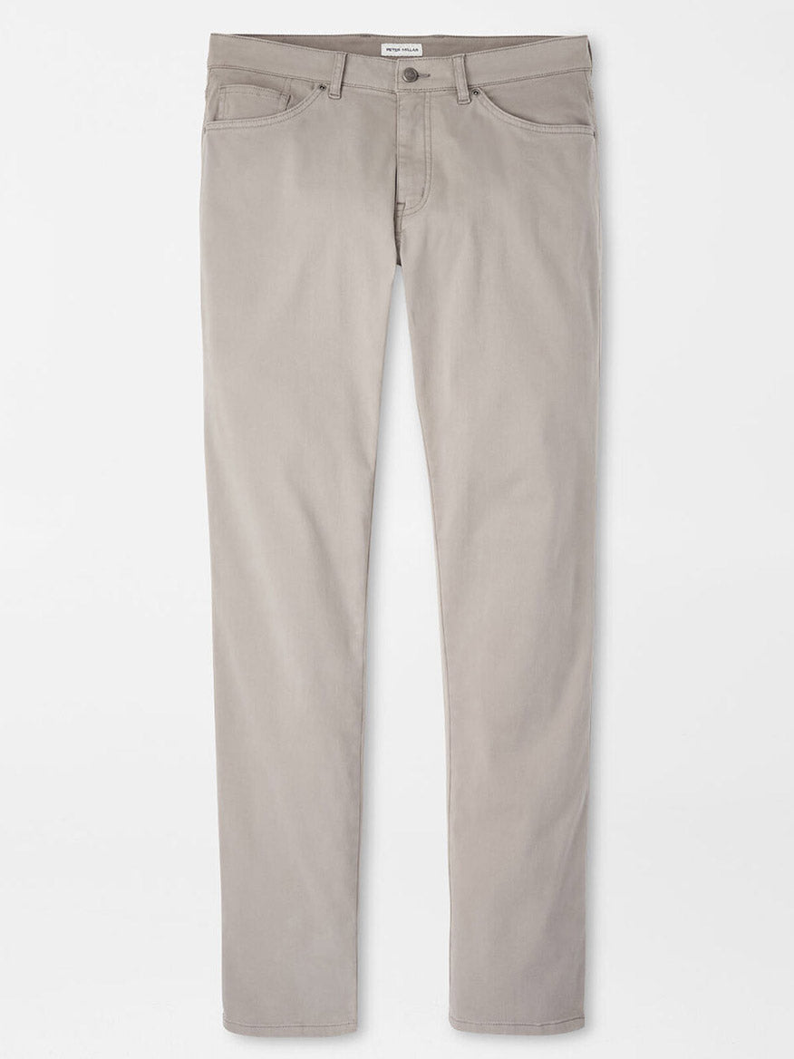 A pair of Peter Millar Signature Sateen Five-Pocket Pants in Gale Grey with a comfort waistband and slim-fit design, displayed against a white background.