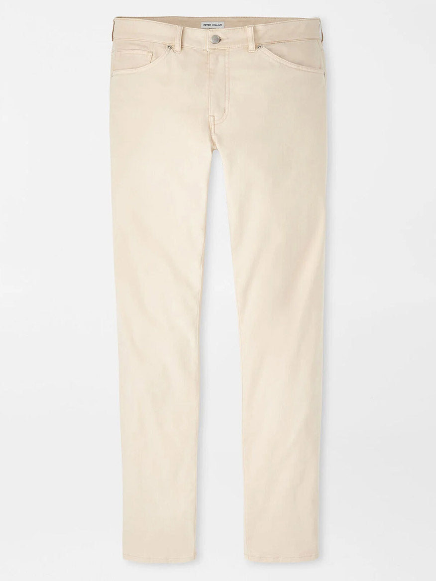 The Peter Millar Signature Sateen Five-Pocket Pant in Sand features a classic fit and two-way stretch fabric, with five pockets. Shown laid flat on a white background.