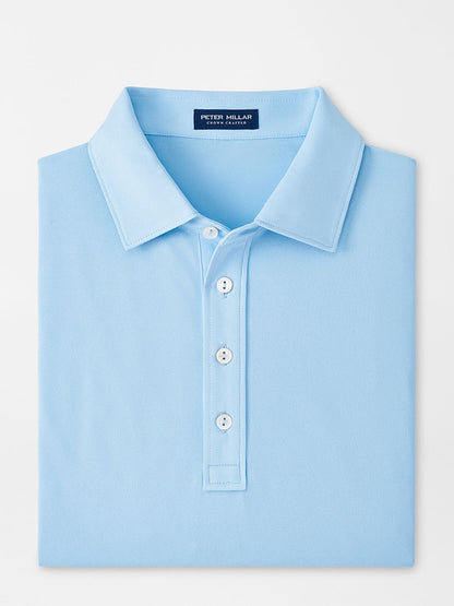 Peter Millar Soul Performance Mesh Polo in Blue Frost crafted from wicking mesh fabric displayed on a plain background.