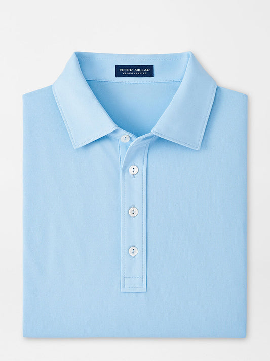 Peter Millar Soul Performance Mesh Polo in Blue Frost crafted from wicking mesh fabric displayed on a plain background.