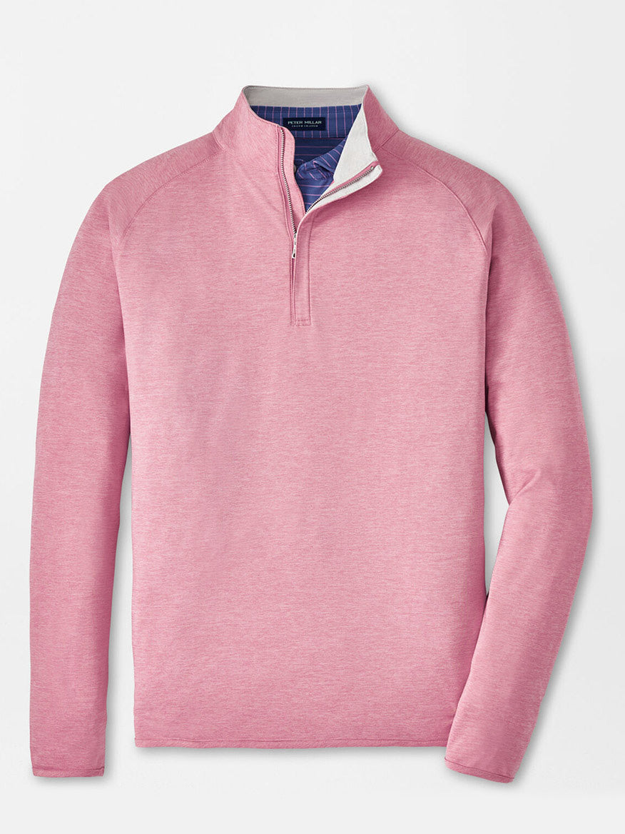 Men's Peter Millar Stealth Performance Quarter-Zip in Spring Blossom with UPF 50+ sun protection displayed on a plain background.
