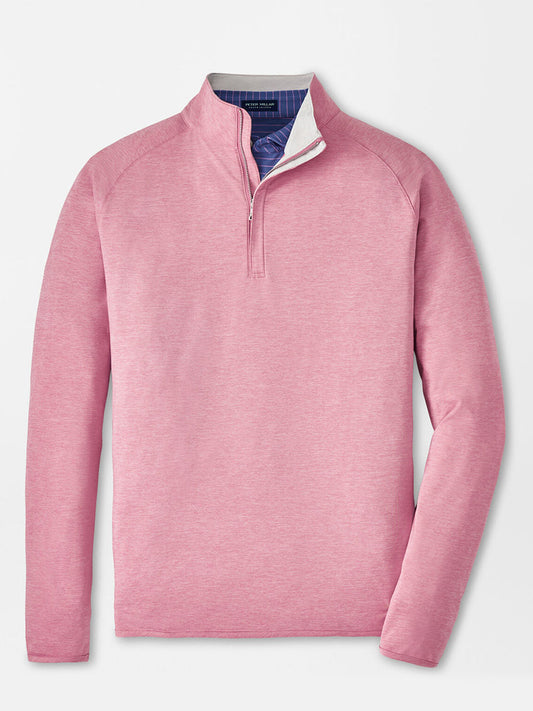 Men's Peter Millar Stealth Performance Quarter-Zip in Spring Blossom with UPF 50+ sun protection displayed on a plain background.