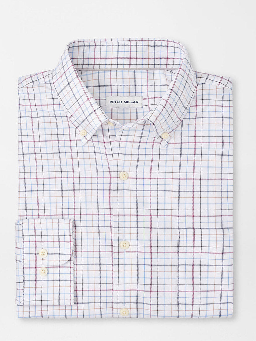 The Peter Millar Sydney Crown Lite Cotton-Stretch Sport Shirt in White boasts a classic fit with a red and blue check pattern on a white background, crafted from a breathable cotton blend for added comfort.