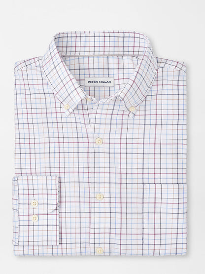 The Peter Millar Sydney Crown Lite Cotton-Stretch Sport Shirt in White boasts a classic fit with a red and blue check pattern on a white background, crafted from a breathable cotton blend for added comfort.