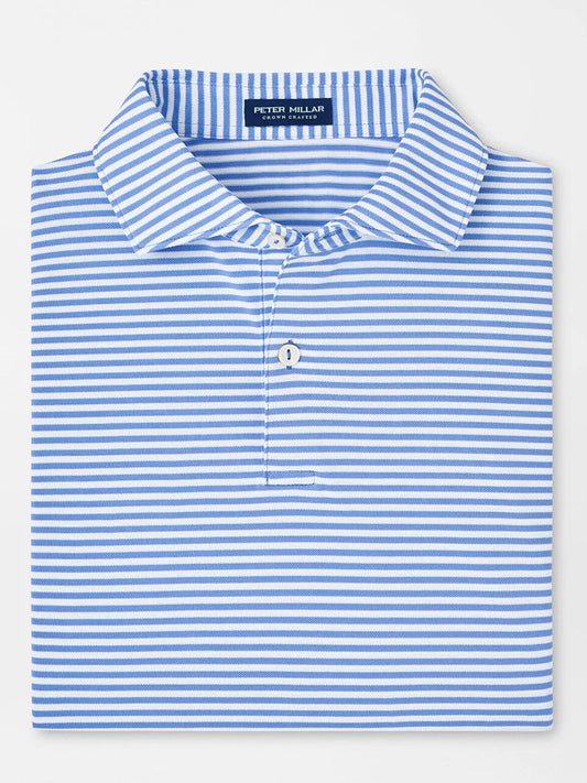 The Peter Millar Tempo Performance Mesh Polo in Elixir is a folded blue and white striped shirt with a vintage-inspired collar and button placket, designed for performance with four-way stretch fabric.