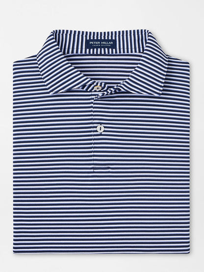 The Peter Millar Tempo Performance Mesh Polo in Navy features a vintage-inspired collar, button placket, and offers four-way stretch for comfort in a folded navy blue and white striped design.