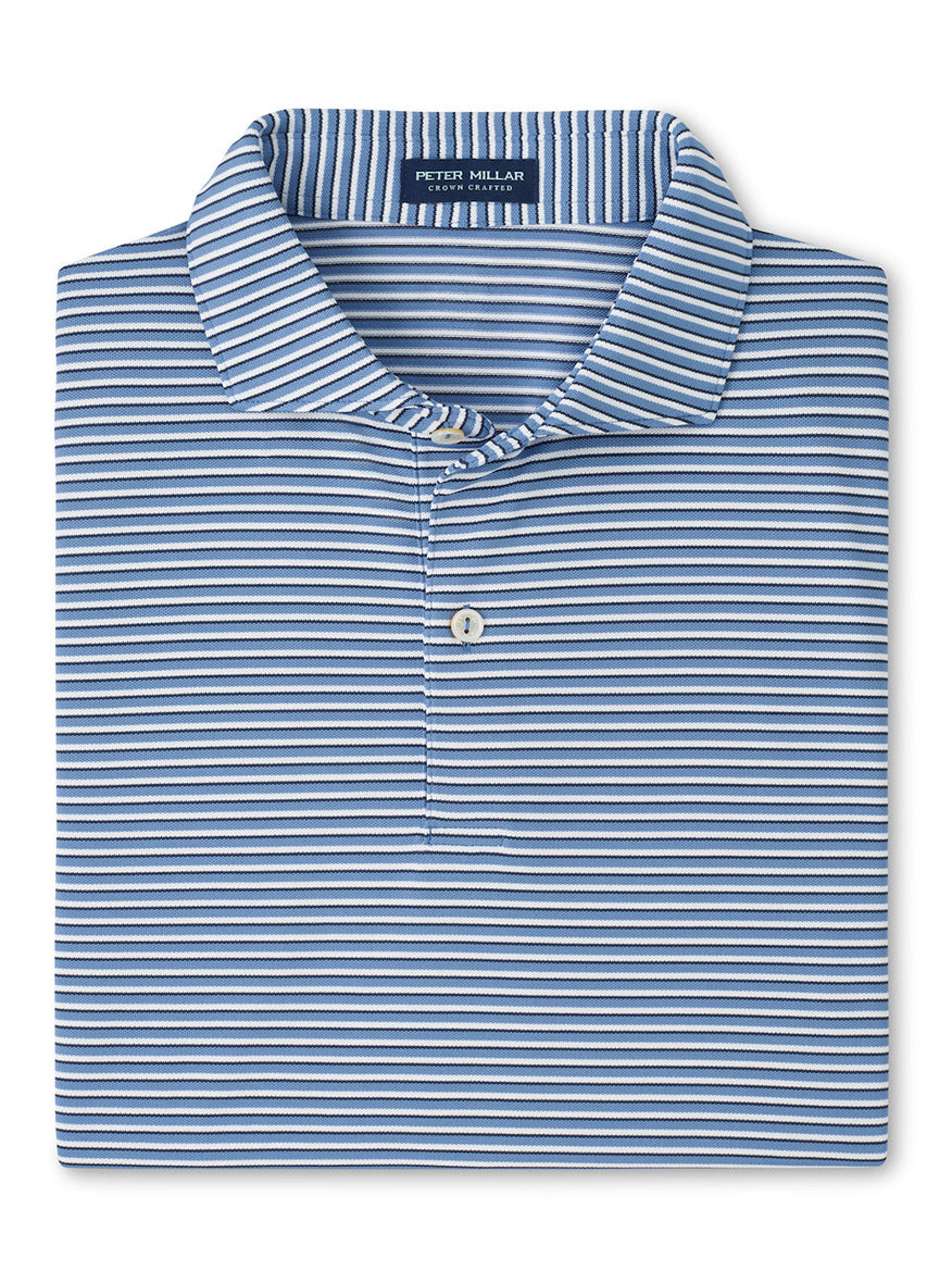 The Peter Millar Tempo Performance Mesh Polo in Dusk Blue features blue and white horizontal stripes, a buttoned placket, and a visible label inside the collar.