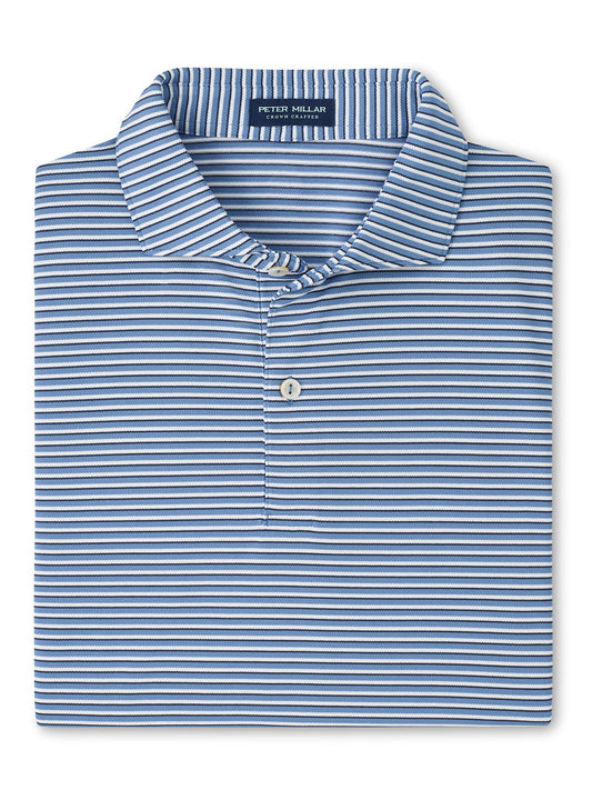 The Peter Millar Tempo Performance Mesh Polo in Dusk Blue features blue and white horizontal stripes, a buttoned placket, and a visible label inside the collar.