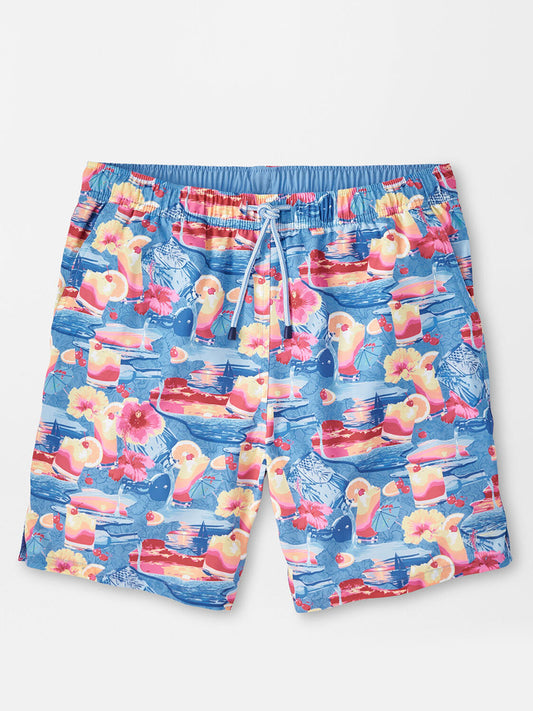 Men's quick-drying Peter Millar Tequila Sunrise Swim Trunk in Infinity with a tropical cocktail and flamingo print.