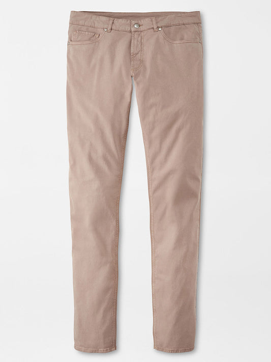 Peter Millar Wayfare Five-Pocket Pant in Khaki displayed flat against a plain background, showcasing the front view with visible button and pockets.