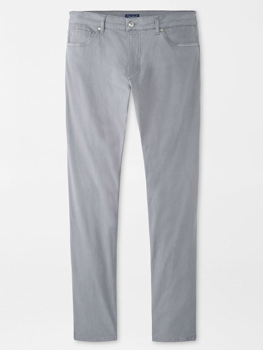 The Peter Millar Wayfare Five-Pocket Pant in Classic Grey features a slim fit, wrinkle-resistant fabric, classic five-pocket styling, and a button closure, shown laid flat on a white background.