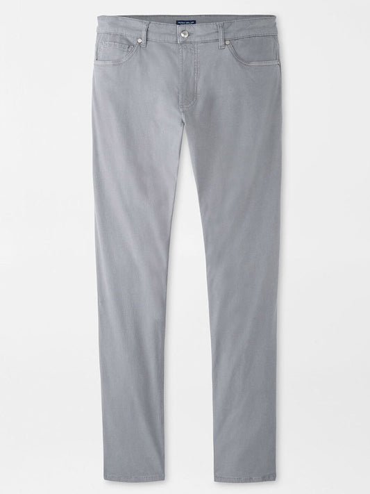 The Peter Millar Wayfare Five-Pocket Pant in Classic Grey features a slim fit, wrinkle-resistant fabric, classic five-pocket styling, and a button closure, shown laid flat on a white background.