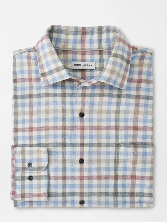 Peter Millar White Rock Cotton Sport Shirt in Winter Ivory, made from folded cotton twill in pastel plaid, offers a classic fit that seamlessly blends breathable comfort with timeless style.