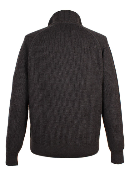The Piacenza 1733 Birdseye Zip Bomber in Charcoal is shown from the back, highlighting its long sleeves, raglan construction, and ribbed collar, cuffs, and hem.