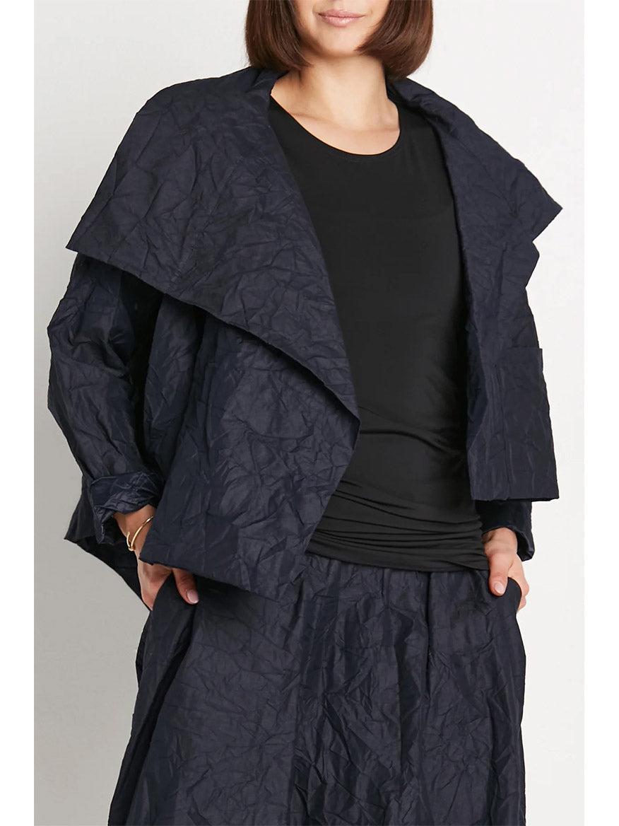 Planet by Lauren G Crushed Nylon Cropped Asymmetrical Jacket in Midnight