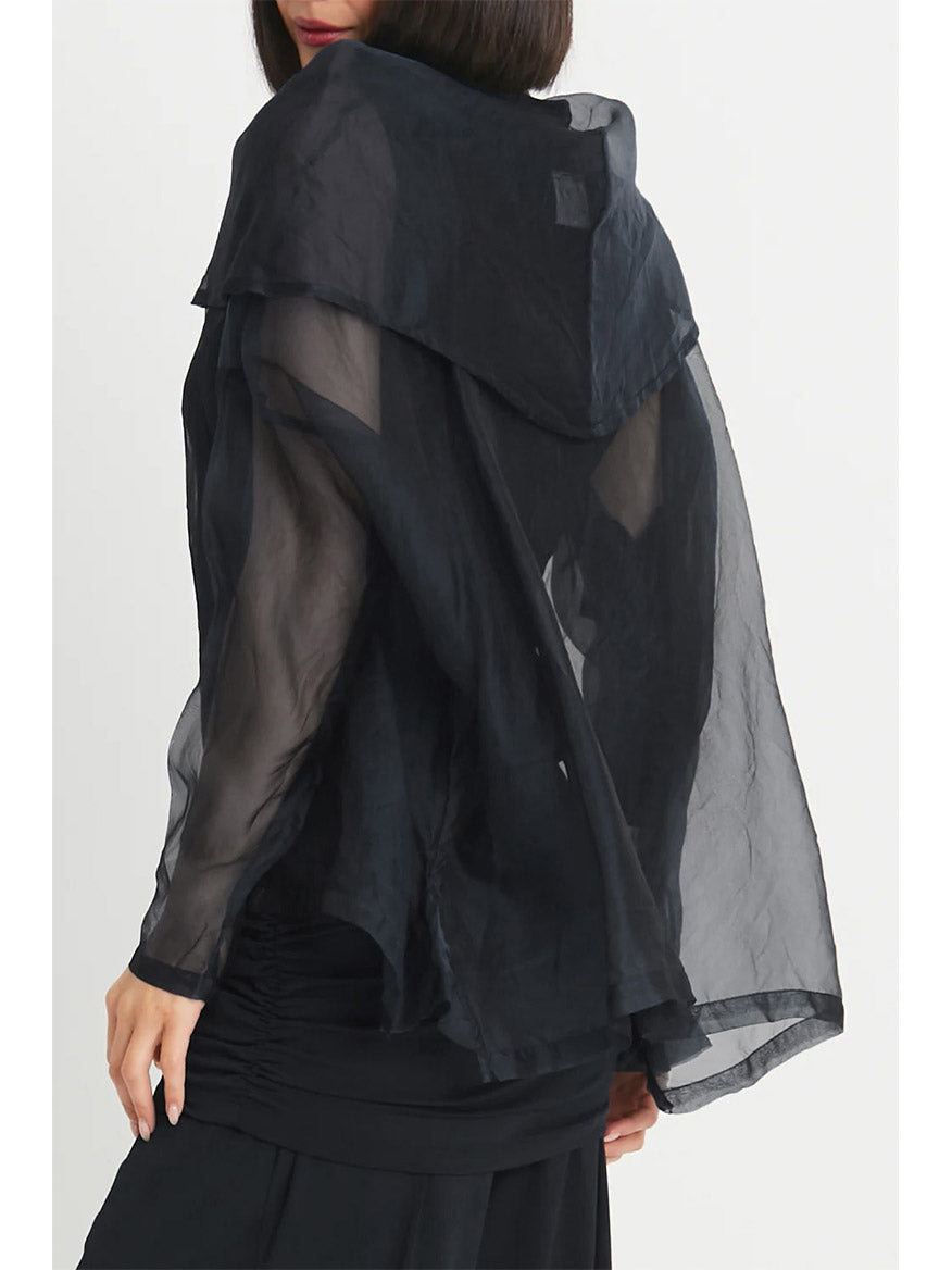 A person is shown from the side and back, wearing the Planet by Lauren G Organza Cowl Neck Top in Black—a semi-transparent, loose-fitting garment with long sleeves and a layered design that adds a feminine touch.