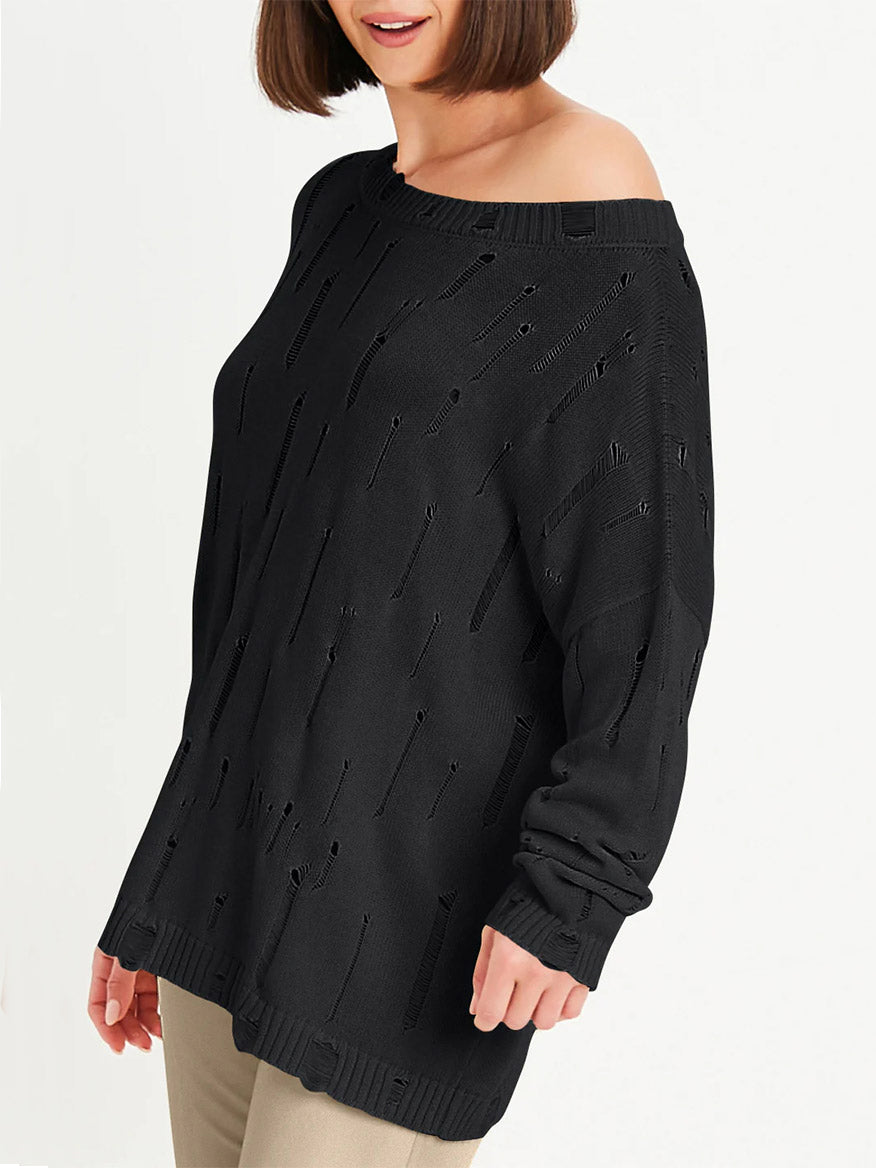 Planet by Lauren G Undone Boatneck Sweater in Black