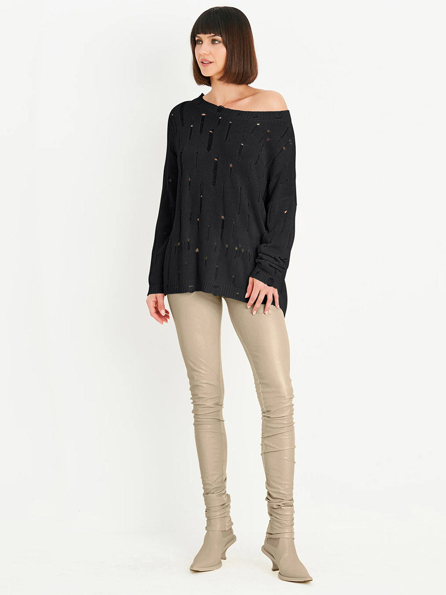 Planet by Lauren G Undone Boatneck Sweater in Black