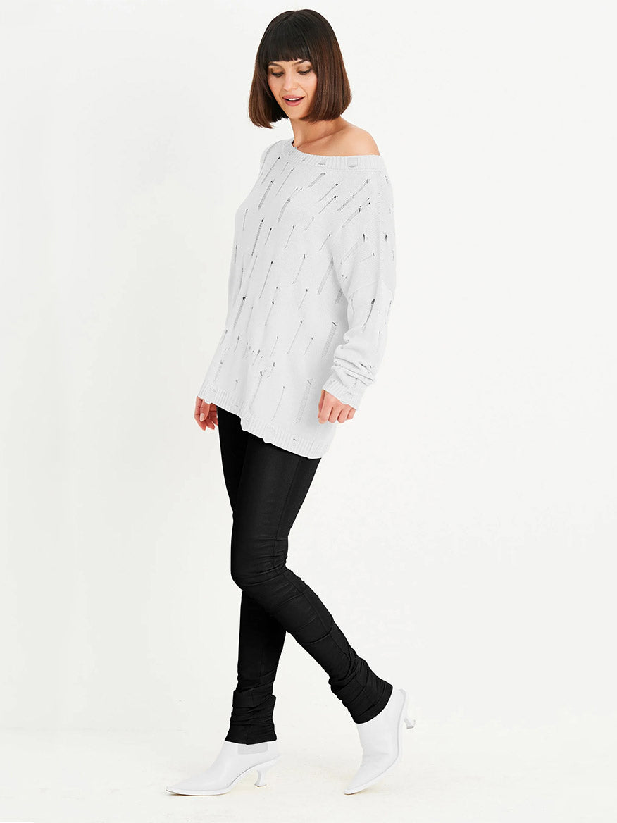 Planet by Lauren G Undone Boatneck Sweater in White