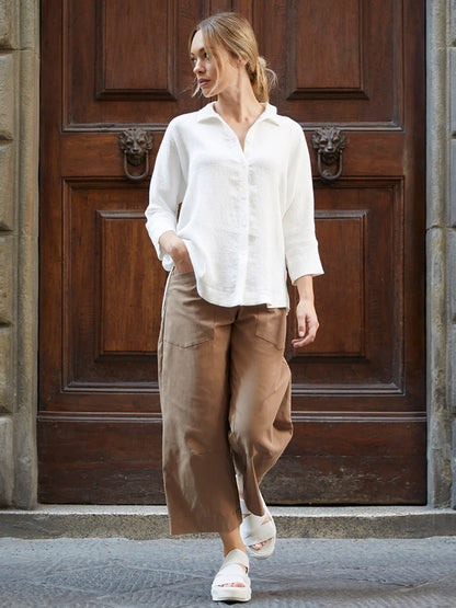 Porto Declan Pleated Button-Down Top in White