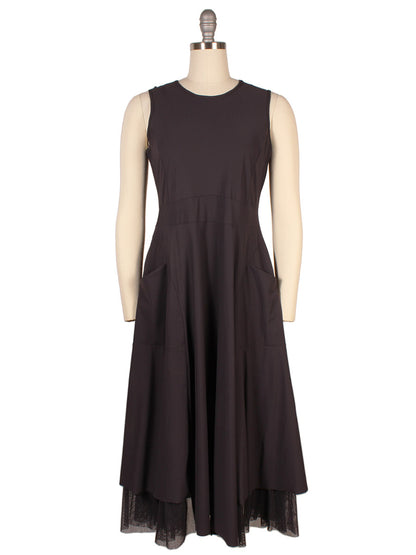 The Porto Lydia Dress in Mulberry, made in Italy, features a fitted bodice, flared skirt with mesh ruffle hem detail, two front pockets, and is shown on a mannequin.