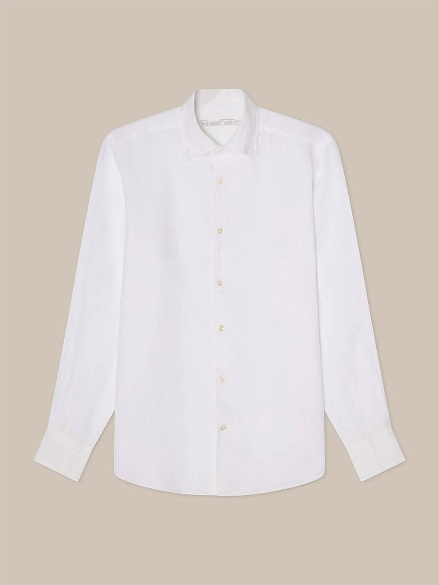 The Robert Talbott Morgan Linen Shirt in White, featuring a long-sleeve button-up design and California One-Piece Collar, is displayed laid flat on a beige background.