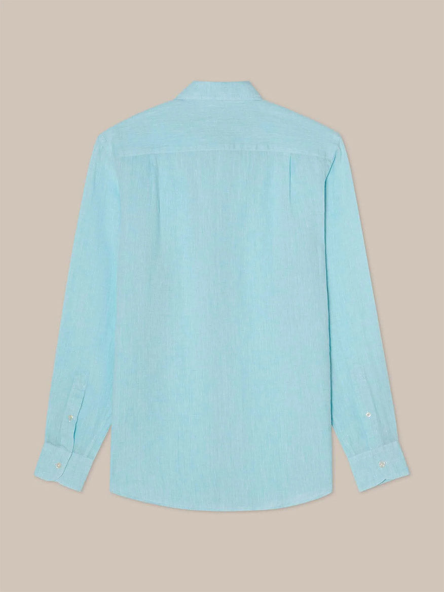 The Robert Talbott Morgan Linen Shirt in Aqua, a light blue breathable long-sleeve button-up, is displayed flat from the back against a beige background.