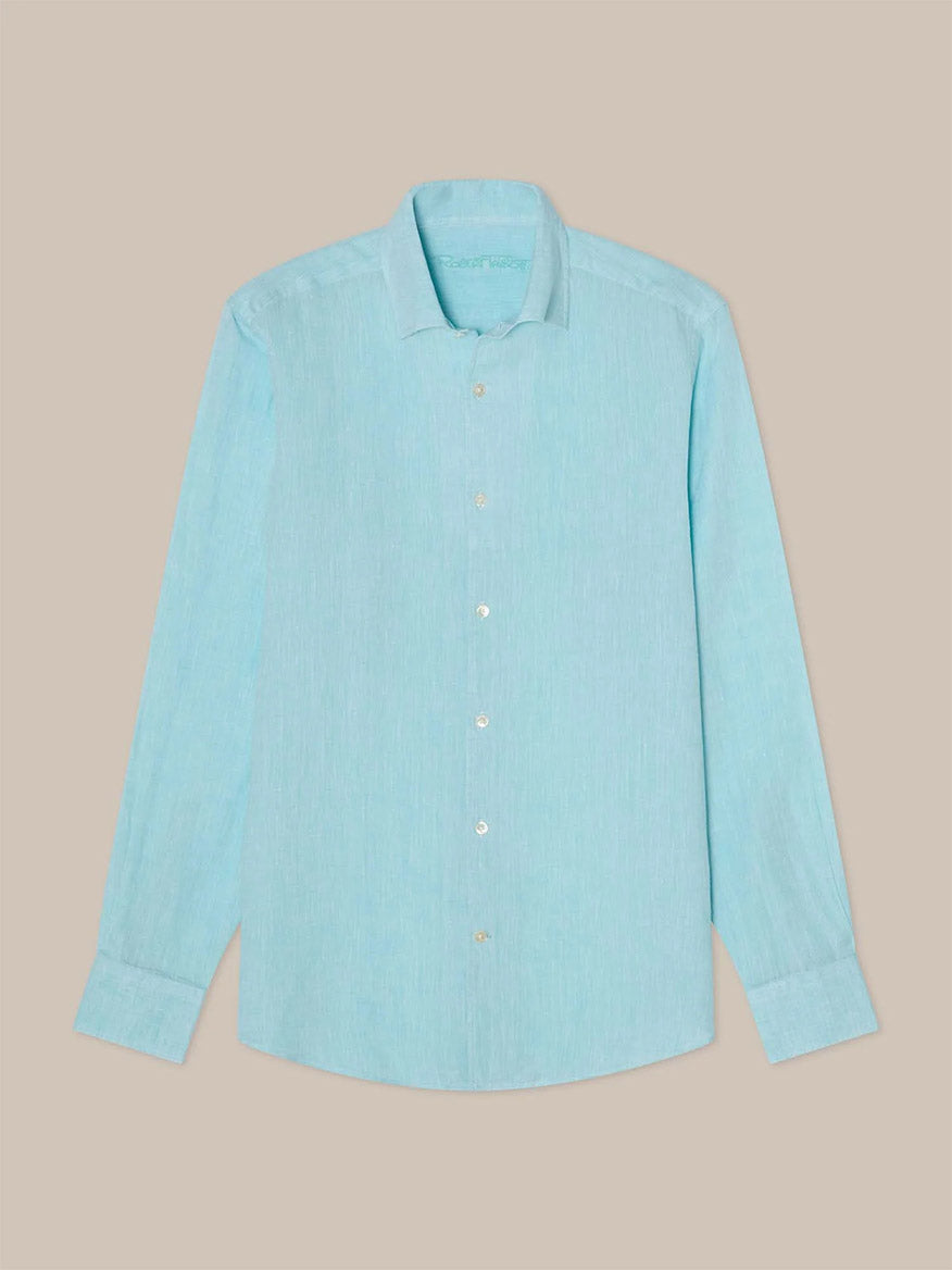 The Robert Talbott Morgan Linen Shirt in Aqua features a California One-Piece Collar and long sleeves. Displayed on a neutral beige background, this breathable, lightweight French linen shirt ensures all-day comfort.