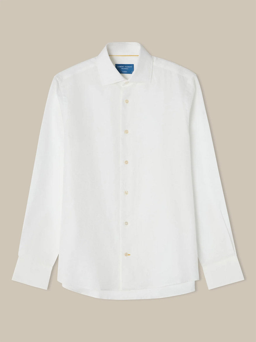 The Robert Talbott Reynolds Paisley Jacquard Dress Shirt in White, featuring long sleeves, a collar, and crafted from premium Italian fabric, is displayed on a plain beige background.