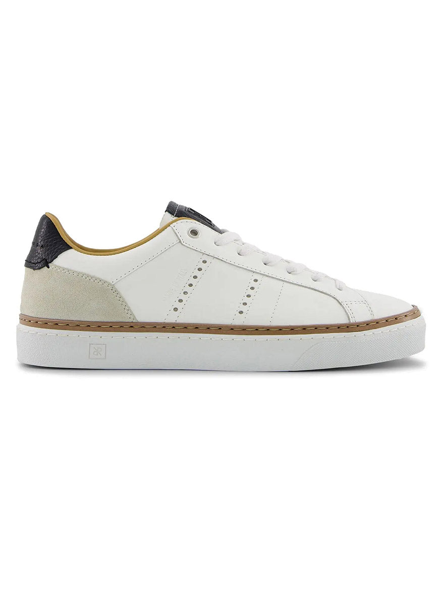 The Rubirosa AVA Sneakers in White are men's low-top leather sneakers with perforated sides, a tan suede heel accent, black heel tab, white laces, and a white rubber sole with tan trim for a classic retro tennis vibe.