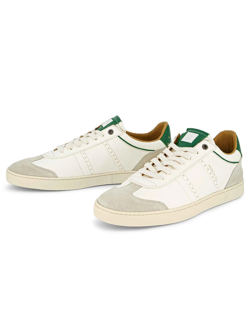 Rubirosa JUDY Sneakers in White/Green: low-top sneakers with beige suede accents and green details on the tongue and heel, handmade in Italy for sustainable fashion enthusiasts.