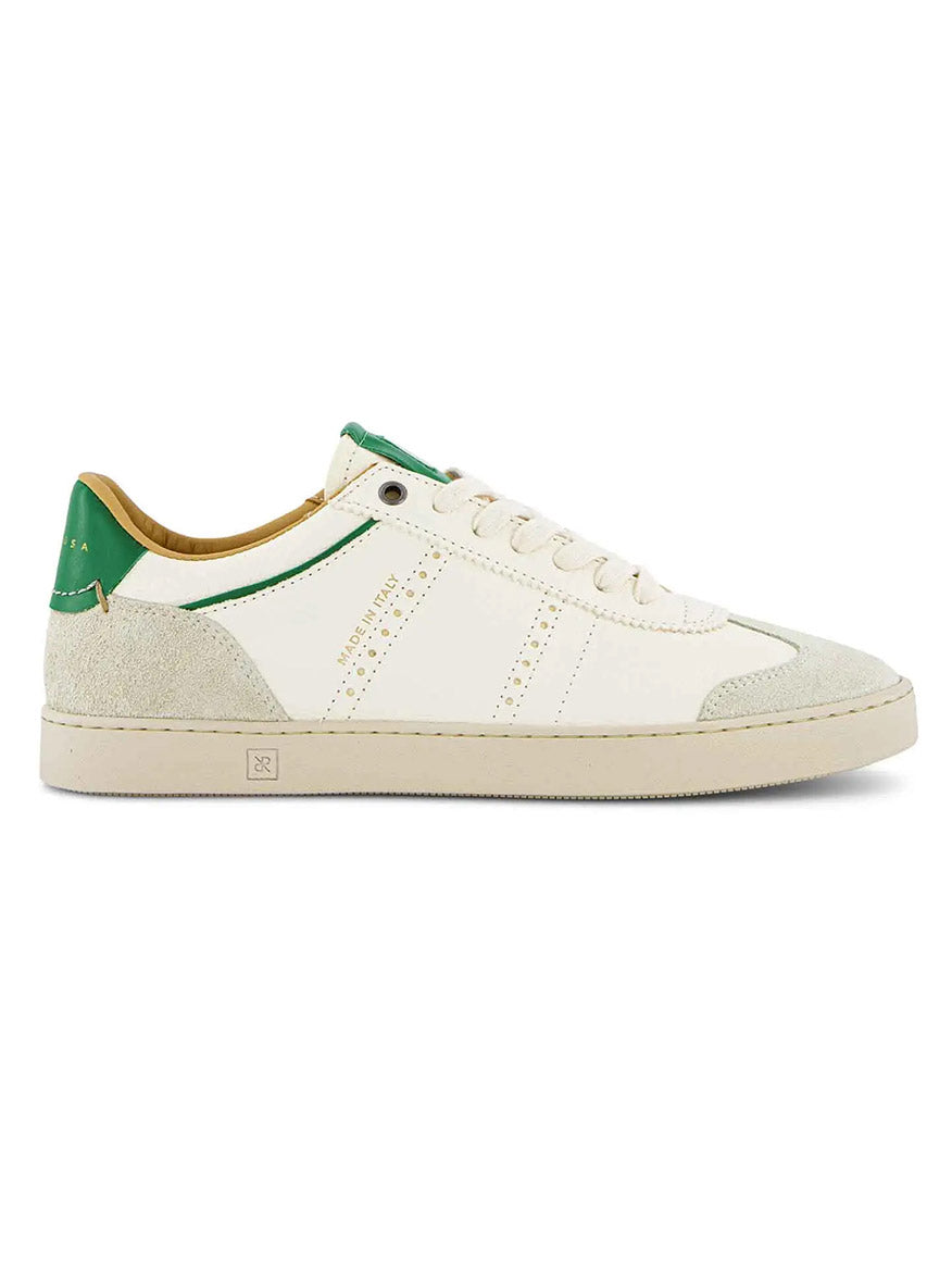 The Rubirosa JUDY Sneakers in White/Green feature green and tan accents, suede details on the toe and heel, and a flat rubber sole—handmade in Italy for sustainable fashion enthusiasts.