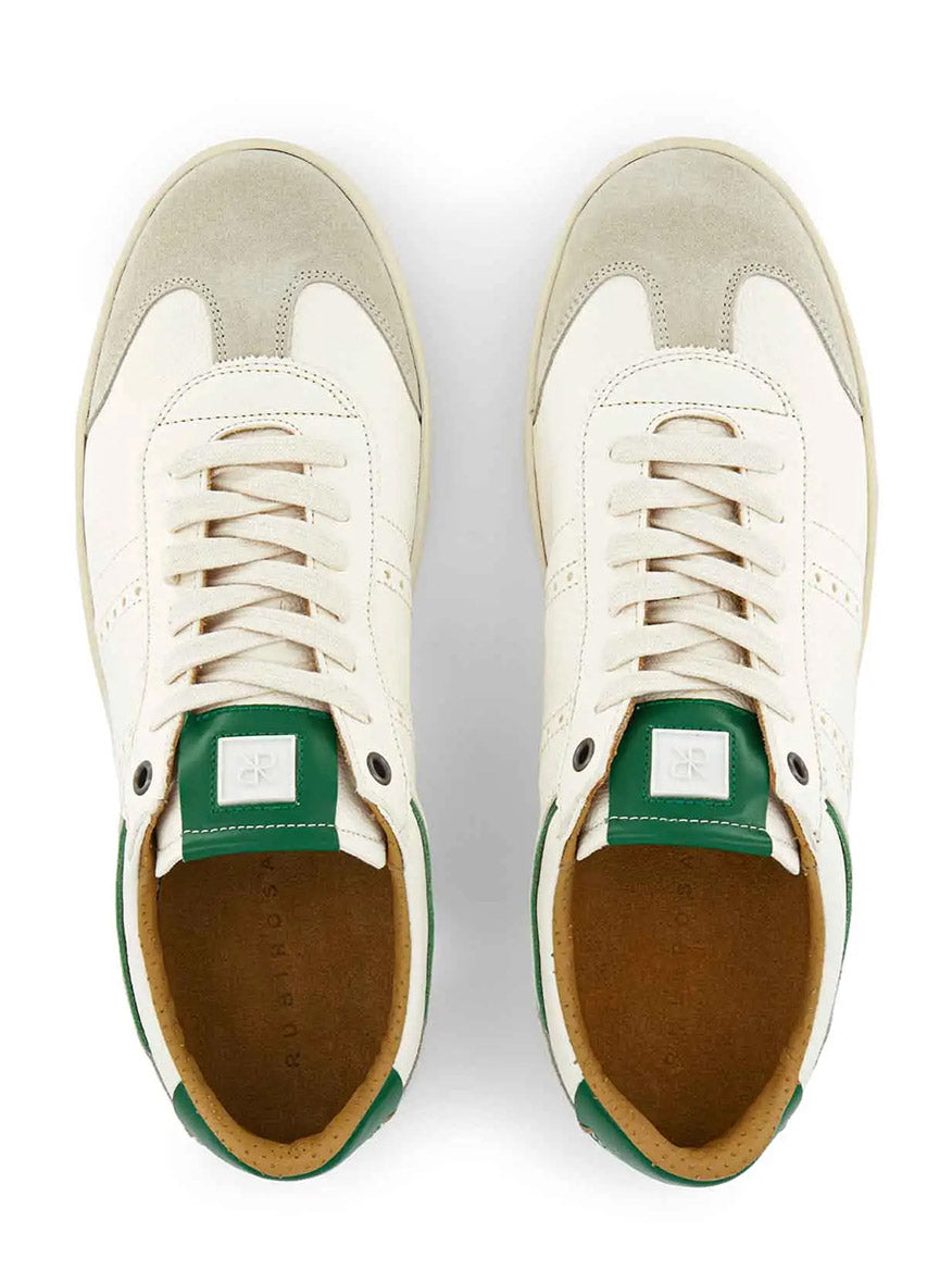 Rubirosa JUDY Sneakers in White/Green: white leather with beige toe caps, green heel accents, and tan inner lining, handmade in Italy and shown from above.