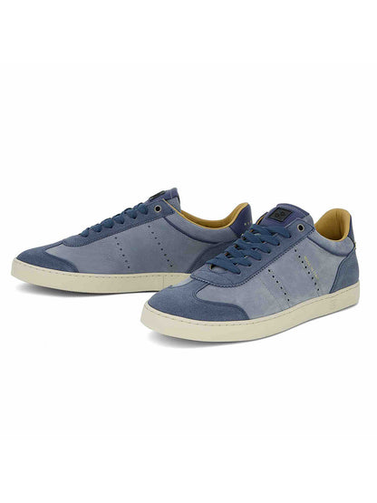 A pair of Rubirosa JUDY Sneakers in Blue Suede, featuring white soles and tan inner lining, handmade in Italy, displayed on a white background.