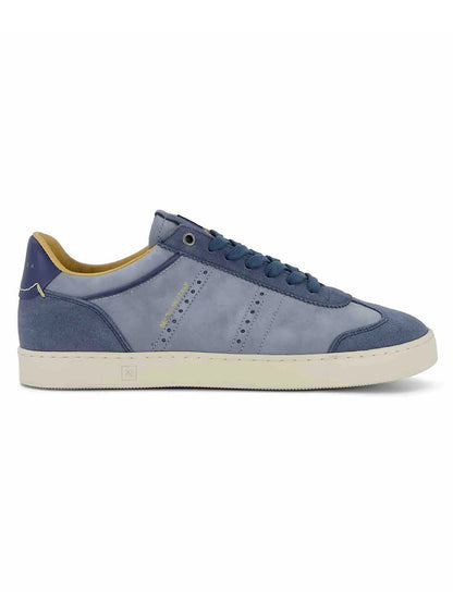 The Rubirosa JUDY Sneakers in Blue Suede feature a white sole, lace-up closure, and subtle perforated side details—ideal for those who value sustainable fashion.