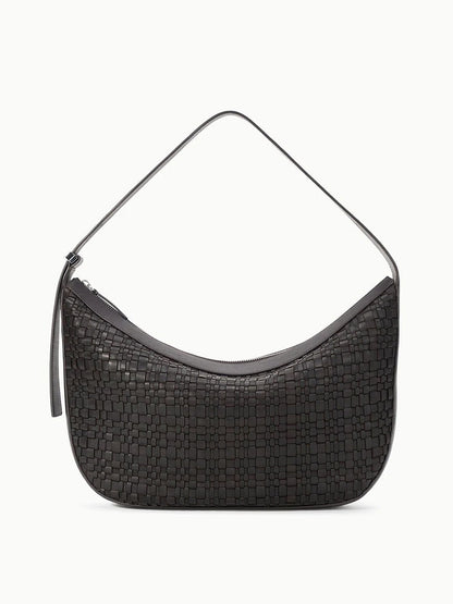 The STAUD Large Demy Shoulder Bag in Espresso features black woven leather, a single adjustable shoulder strap, and a zippered top closure, shown against a plain white background.
