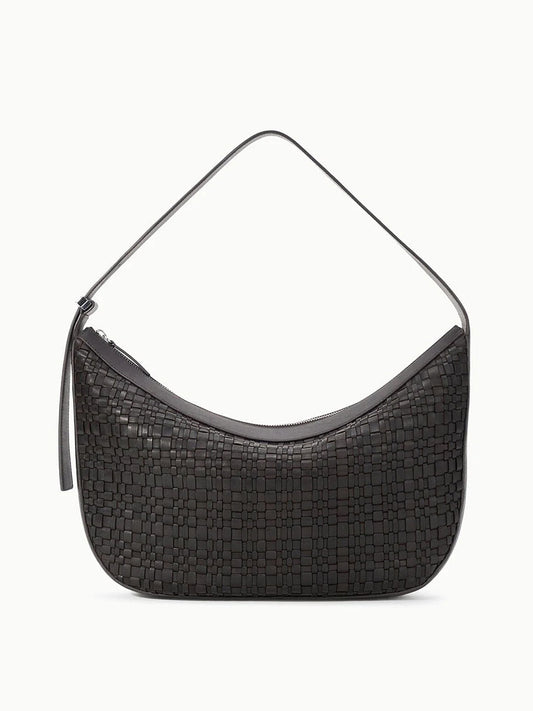 The STAUD Large Demy Shoulder Bag in Espresso features black woven leather, a single adjustable shoulder strap, and a zippered top closure, shown against a plain white background.