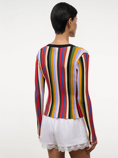 A person with short dark hair is shown from the back wearing the STAUD Ezra Cardigan in Artist Stripe and white lace-trim shorts against a plain background.