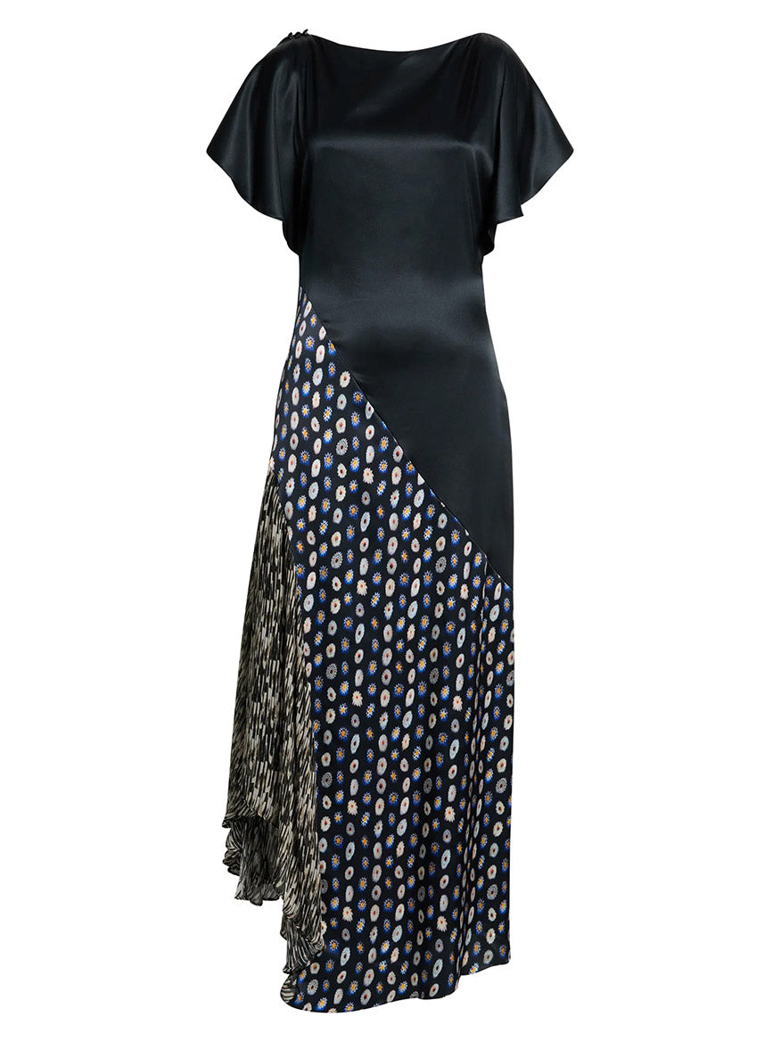 The STAUD Fawn Silk Dress in Black Multi is an asymmetrical black handkerchief dress featuring short sleeves, a stretch silk satin bodice, and a patterned skirt with mixed geometric and floral prints.