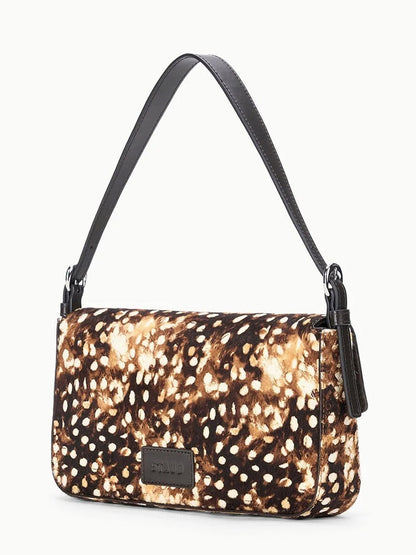 STAUD Harlow Bag in Fawn Haircalf rectangular shoulder bag with a brown and white spotted animal-print pattern and a black leather strap.
