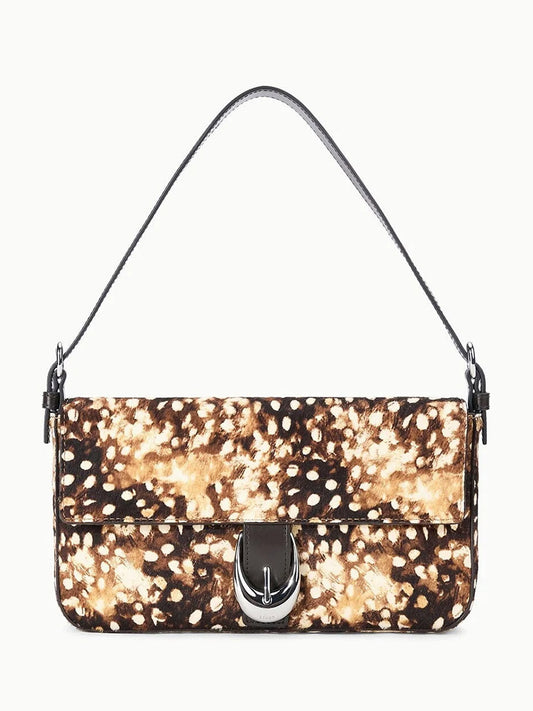 STAUD Harlow Bag in Fawn Haircalf, a rectangular bag in brown and white spotted haircalf with a dark brown leather handle and silver buckle closure on the front flap.