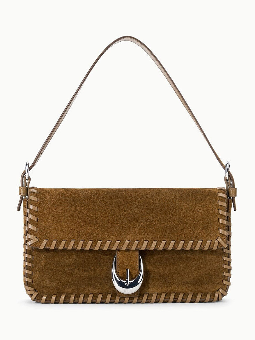 Brown rectangular suede STAUD Harlow Bag in Cigar with whipstitch detailing and a silver metal buckle closure.
