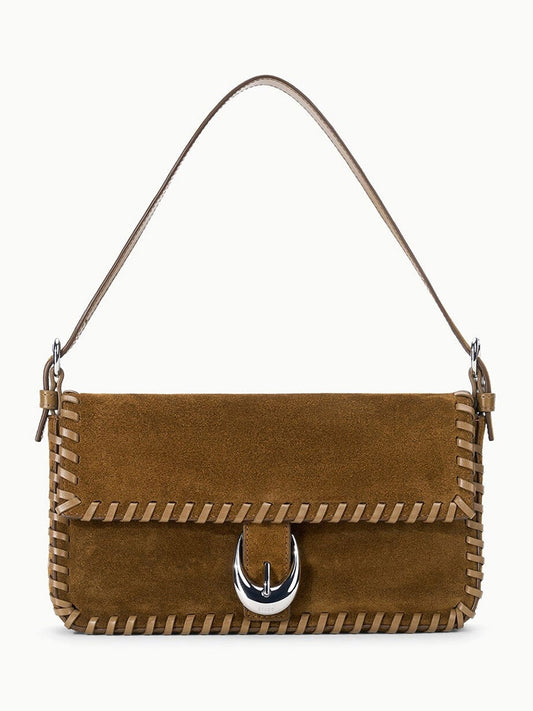 Brown rectangular suede STAUD Harlow Bag in Cigar with whipstitch detailing and a silver metal buckle closure.