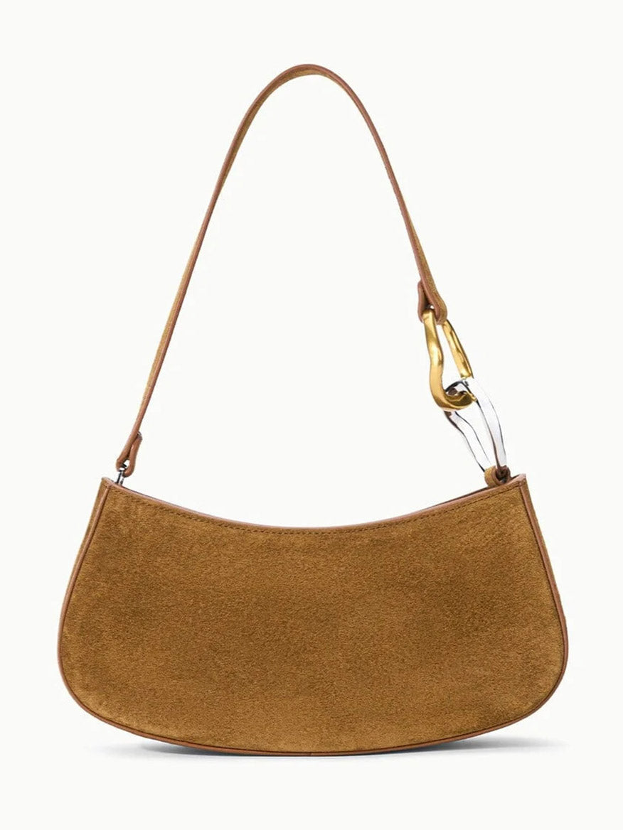 STAUD Ollie Bag in Cigar, a brown suede crescent-shaped shoulder bag featuring a gold-tone metal clasp on the strap.