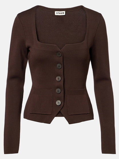 The STAUD Rachela Sweater in Earth is a brown, long-sleeve knit cardigan featuring a notched square neck, button-up front, two pockets, and a cutaway hem, shown against a plain background.